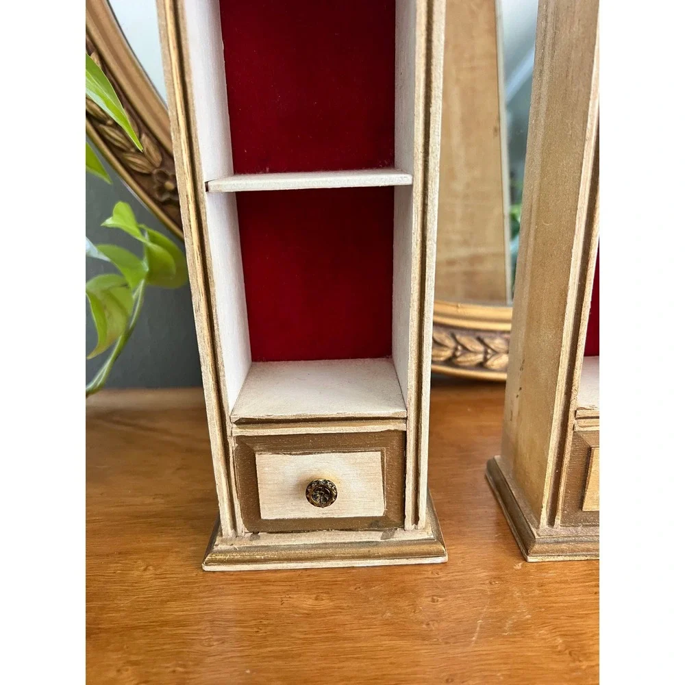 Vintage Style Red Velvet Trinket Curio Shelves Faux Drawer  Pair Gold Cream